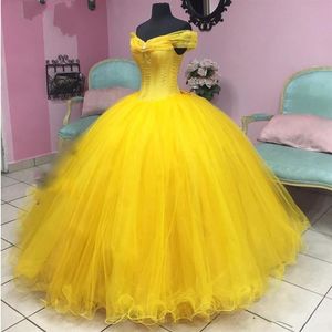Moderne Belle gelbe Quinceanera Kleider Ballkleid echte Po billig von der Schulter mit Ärmeln Tüll süße 15 Prom Kleid Vastido251h