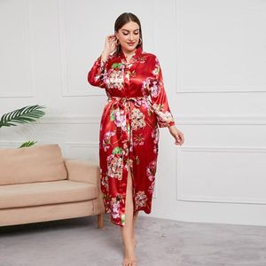 Women's Sleepwear Plus-Size Robe Nightwear Chemises Leopard Prin Nightgown Dress Elegant Nightdress Women Red Silk Lingerie Belt Bath