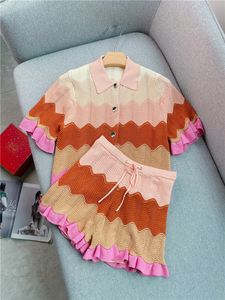 Women's Two Piece Pants Polo Collar Loose Knit Shorts Set 2023 Summer Wave Stripe Gradient Shortsleeved Knitted Cardigan Top 230812