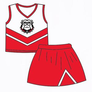 Kläderuppsättningar grossistanpassad cheerleading kostym skoluniform team uniform tryckt tank topp kjol 2 stycken set baby flicka kjol set 230812