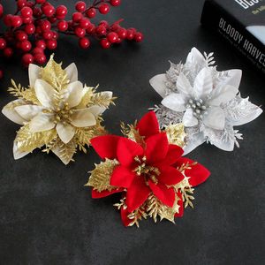 20pcs Glitzer Goldpulver Weihnachtsdekoration Blume künstliche Weihnachtsbaumdekoration Ornament Fake Flower Head New Year Layout