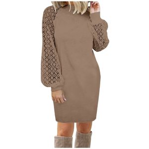 Basic Casual Kleider Herbst Winter Frauen Kleider sexy Spitzennähte Langarm lose Mini -Robe Elegante Waffel Strick Vestidos Mujer 230812