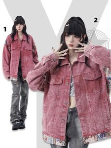 Men's Jackets American Sweet Cool Pink Wash Splice Jean Jacket Unisex Style Ancient Couple Baseball Uniform Denim Coat