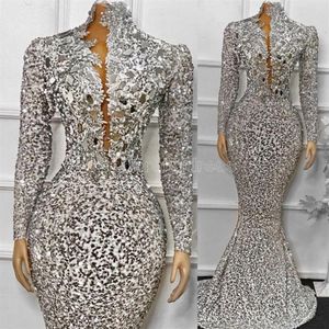 2022 African Sequins Evening Dresses Long Sleeves Mermaid Women Formal Party Dress Sparkly Beaded High Neck Prom Gowns273x