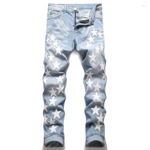 Jeans masculinos homens pretos de couro branco estrelas patthework streetwear slim calça jeans esticada calça azul claro