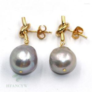 Dingle örhängen 14-15 mm grå barock pärla 18k öron stud lyxig gåva naturliga smycken verklig felfri odlad