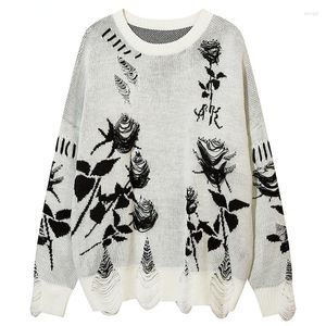 Men's Sweaters Autumn Mens Oversized Knitted Jumper Hip Hop Ripped Rose Knitwear Streetwear Harajuku Fashion Casual Pullovers Clothing