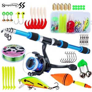 Rod Reel Combo Sougayilang Kids Fishing Pole Set Full Kits mit Teleskopfischereistange und Spinnrollenködern Haken Salzwasser Reise Stange Set 230812