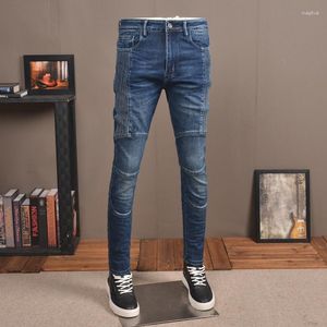 Мужские джинсы Осень мужчины Blue Korean Style Fashion Patchwork Slim Fit Denim Pants CP2029