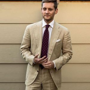 Men's Suits Linen Khaki Smart Casual Business Men Blazer Slim Fit Wedding Tuxedos Man 2Pcs(Jacket Pants) Groom Wear Costume Homme