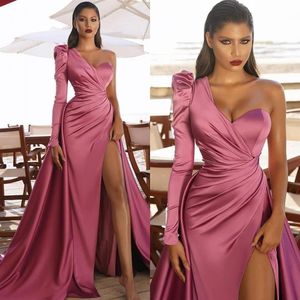 Prom Dresses 2021 African Saudi Arabia Long Sleeves Women Formal Dress Mermaid High Split Celebrity Robe De Soiree Evening Wear205S