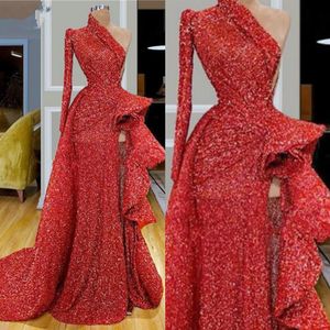 Red Glitter Even Evening Sukienka Jedno ramię z długie rękawy cekiny Wysokie podzielone pojemnik formalne suknie imprezowe