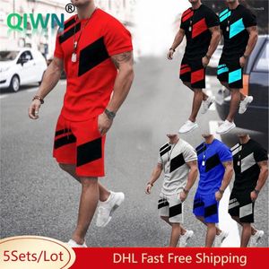 Men's Tracksuits 5Sets Bulk Wholesale Men Clothing Set Patchwork O-neck T-shirt Pockets Drawstring Shorts Two Piece Male Casual Outfit 8130