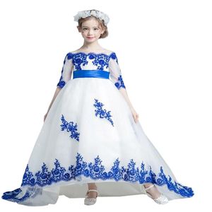 2022 Off Shoulder Half Sleeves Flower Girl Dresses Wedding Royal Blue Applique High Low Train First Communion Party Dress Kids250G