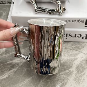 Mugs Silver Ceramic Mug Lovers Afternoon Tea Coffee Cup Light Luxury Home Breakfast Juice Milk Drink Creative Office Tea Cup 230812