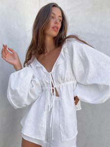 Women's Two Piece Pants Jyate Summer Cotton Linen Puff Sleeve Shirt Suit Women White Vneck Ruffles High Waist Shorts Set 2023 230812