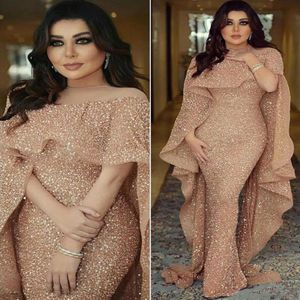 Luxury Off Shoulder Sequined Evening Dresses Mermaid Lace Beaded Half Sleeve Dubai Formal Party Dress Arabic Prom Gowns Gold Custo206C