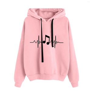 Gym Clothing Ladies Round Neck Long Sleeve Musical Note Print Solid Color Hooded Sweatshirt Fashion Loose Top Tunic