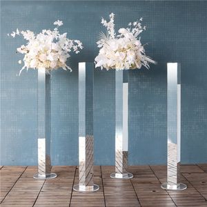 Bröllopsdekorationer 40/60/00/100/120 cm Mirror Flower Stand Acrylic Square Frame Party Event Tabell Centerpiece Anpassa Cylinder Flower Vase Centerpieces