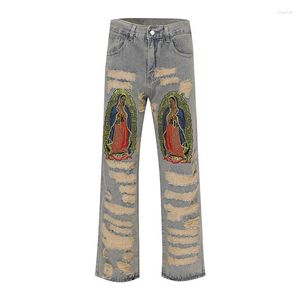 Calças de brim masculinas Hi Street Fashion Patches Calças desgastadas lavadas retas calças jeans vintage para bordado masculino