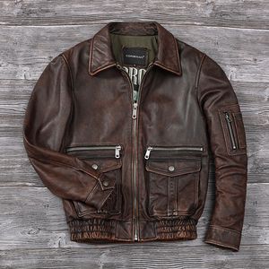 Men's Jackets Men Stone Distressed Genuine Leather Jacket Top Layer Cowhide Air Force Flight Vintage Fashion Redbrown Corium Coat 230812