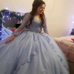 Princess Ice Blue Tulle Plus Size Ball Gown Quinceanera Dresses Beaded Sheer Long Sleeve Lace Applique Party Prom Debutante 15 Swe343y
