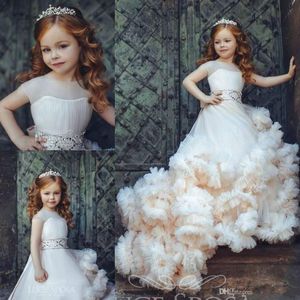 Sevimli tül çiçek kız elbise mücevher boyun rhinestone boncuklu kanat fırfır kız yarışması elbisesi kolsuz katmanlı özel yapım rristenin226o