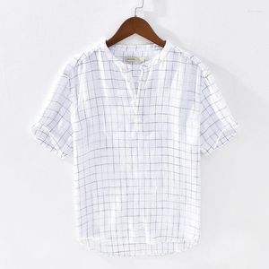 Camicie casual maschile camicia da uomo lino-plaid lino scozzese estate traspirante abito a mezza manica camisas para hombre maschio ts-632