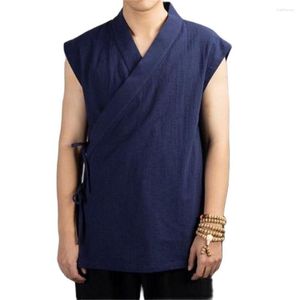 القمصان غير الرسمية للرجال الرجال الكتان القطن بلا أكمام تانغ بدلة كيمونو كارديجان شق الصينية التقليدية