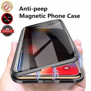 Sekretess Telefonfodral för iPhone 15 14 13 12 11 Pro XR XS Max X 7 8 Plus SE Magnetiska antipepeeping dubbla sidotemperat glasskydd