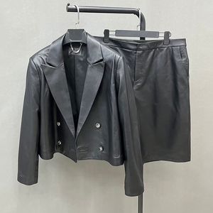 Women's Two Piece Pants Lady's Genuine Sheepskin Leather Set Lady Fashion Jacket Short Blazer Moto Biker Coat TF54 230812
