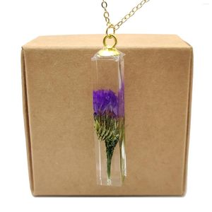 Pendant Necklaces Purple Forget Me Not Statice Real Flower Transparent Cube Resin Gold Color Chain Long Necklace Women Boho Bohemian