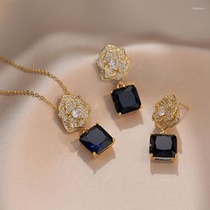 Necklace Earrings Set Dark Blue Stone Big Flower Stud And Square Pendants Stainless Steel Chains Necklaces For Women Bridal Gift