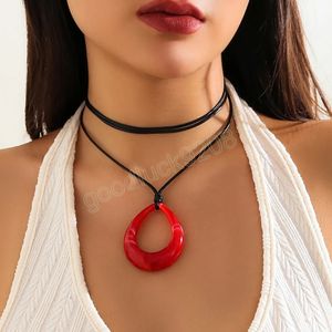 Personality Black Red Hollow Big Water Drop Pendant Necklace for Women Adjustable Leather Rope Choker Y2K Jewelry Party