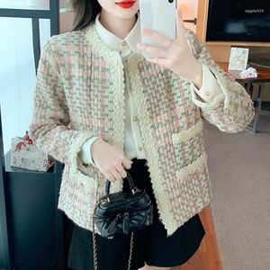 Kvinnorjackor 2023 Autumn Lady Women Pink Plaid Tweed Jackrock Kort Casaco Chaquetas Para Mujeres Jaqueta Feminina Abrigo Mujer