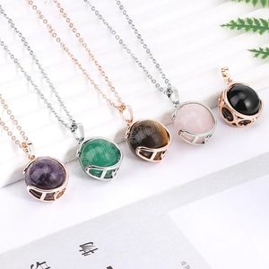 Natural Stone Round Bead Pendant Necklace For Man Women Ametysts Crystal Rostfria kedjekedjor Halsband smycken