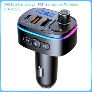 T65 Fast Car Charger FM Sändare Wireless 5.0 Bluetooth Handsfree MP3 Player PD Type C QC3.0 USB LED Light