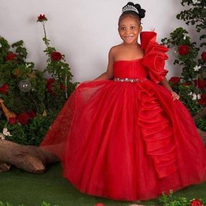 Vestidos de menina Cristais vermelhos Flor sexy elegante ombro de um ombro pequeno vestido de concurso de comunhão
