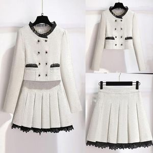 Vestidos de trabalho perfumado terno branco feminino elegante vintage tweed jacke casaco top e mini saia de duas peças