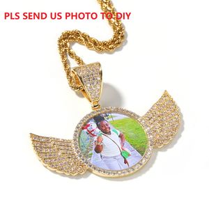 Customized Hip Hop Men Women Rapper shiny diamond circle wings pendant necklace jewelry night club Sweater rope chain twist chain send us photo for customize 1729