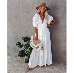 Coperture sexy lungo abito tunico bianco lungo le donne in spiaggia estiva casual plus size indossano copertura