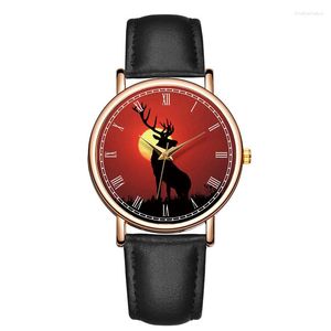 Orologi da polso alla moda da donna in quarzo owatchblack Moose Shadow Femaleclassic Dial del quadrante tondo Guarda la vera pelle impermeabile