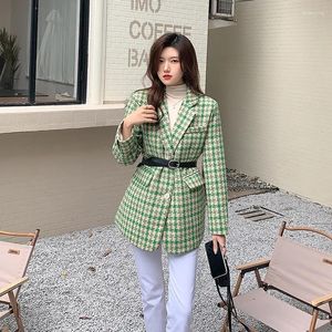 Ternos femininos Fashion Tweed Houndstooth Green Blazers Jacket Mulheres Casaco solto 2023 Primavera Autumn Coroa colarinho Casual feminino