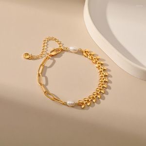 Strand Ccgood Freshwater Pearls Armband For Women Ear Of Wheat Paper Clip Design Gold Plated 18 K Högkvalitativa smycken Pulseras Mujer