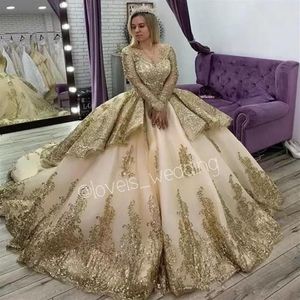 Princess Gold Quinceanera klänningar Långärmar Applique Beading Sweet 16 Dress Pageant -klänningar Vestidos DE 15 2022 C0526A1276V