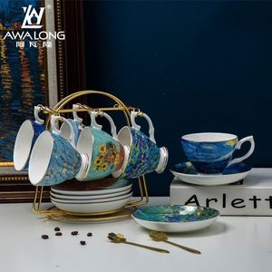 Kupalar van gogh kahve fincanları Yıldızlı gece sanat boya çay bardağı kahve kemik çin ve tabaklar ayçiçeği seti 230812