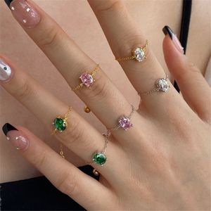 Luxury s925 Sterling Silver Solitaire Ring Designer for Woman 5A Cubic Zirconia Love Green Pink Oval Diamond Link Chain Rings Jewelry Gift Box Opening Adjustable