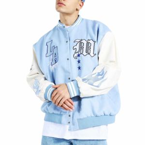 Oem Custom Chenille Embroidery Leather Sleeves Light Blue Baseball Bomber Letterman Varsity Jacket for Men