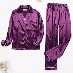 Kvinnors sömnkläder Kvinnor Silk Satin Pyjamas Set Par Solid Color Long Sleeve Sleepwear Suit Ladies Button Sleepwear Set Pijama 230812