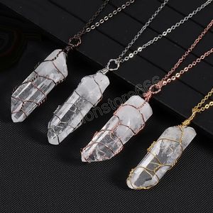 Irregular Healing Natural Stone Pendant Real Clear Quartz Rock Crystal Necklace Reiki Copper Wire Wrapped Crystals Jewelry